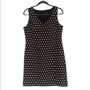 Ann Taylor Women Black and Cream Polka Dot Lined Sheath V-Neck Sleeveless Dress